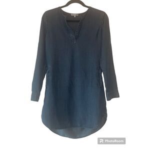 Laju Women's Blue Dark Wash Chambray V-Neck Long-Sleeve Shift Dress Size XS